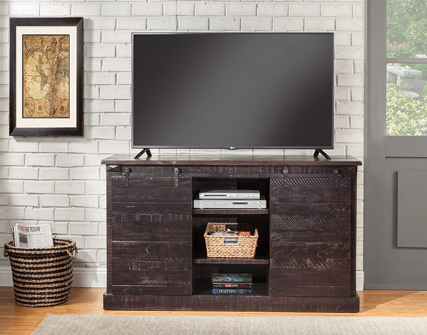 Wooden TV Stand With Sliding Doors and Spacious Shelves, Antique Black