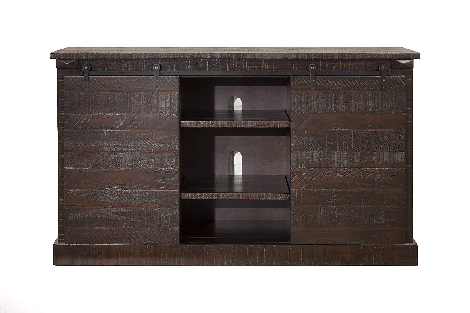 Wooden TV Stand With Sliding Doors and Spacious Shelves, Espresso Brown