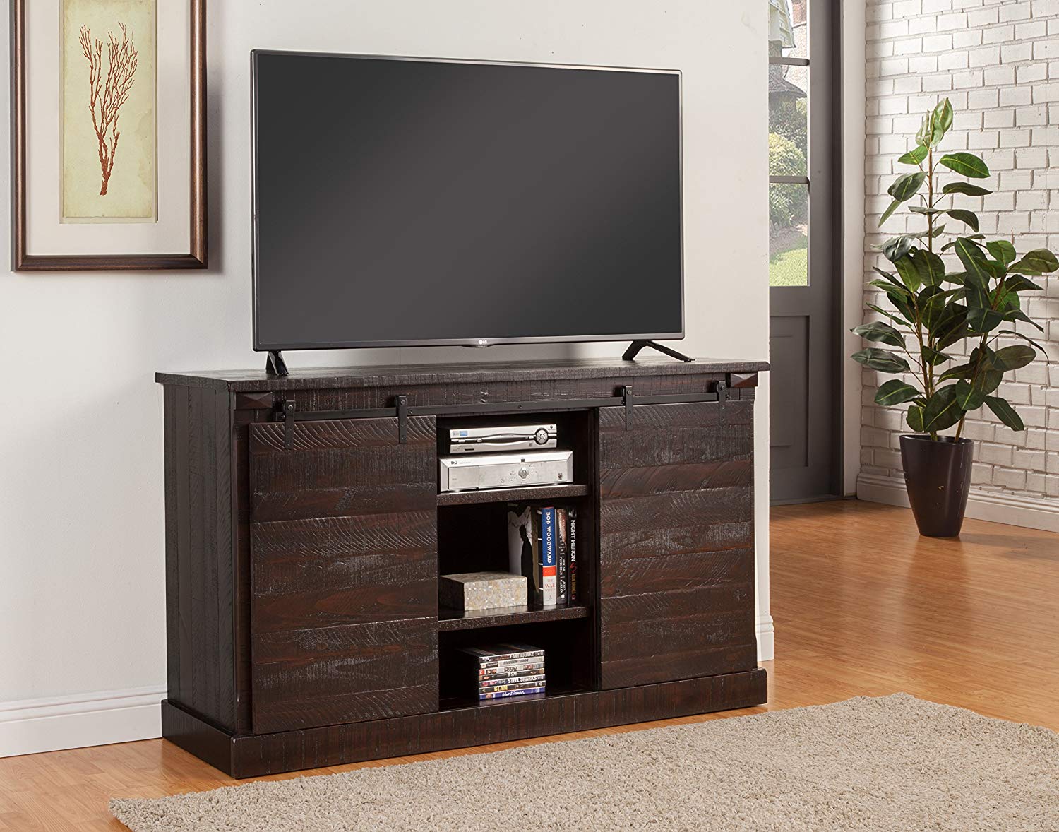 Wooden TV Stand With Sliding Doors and Spacious Shelves, Espresso Brown