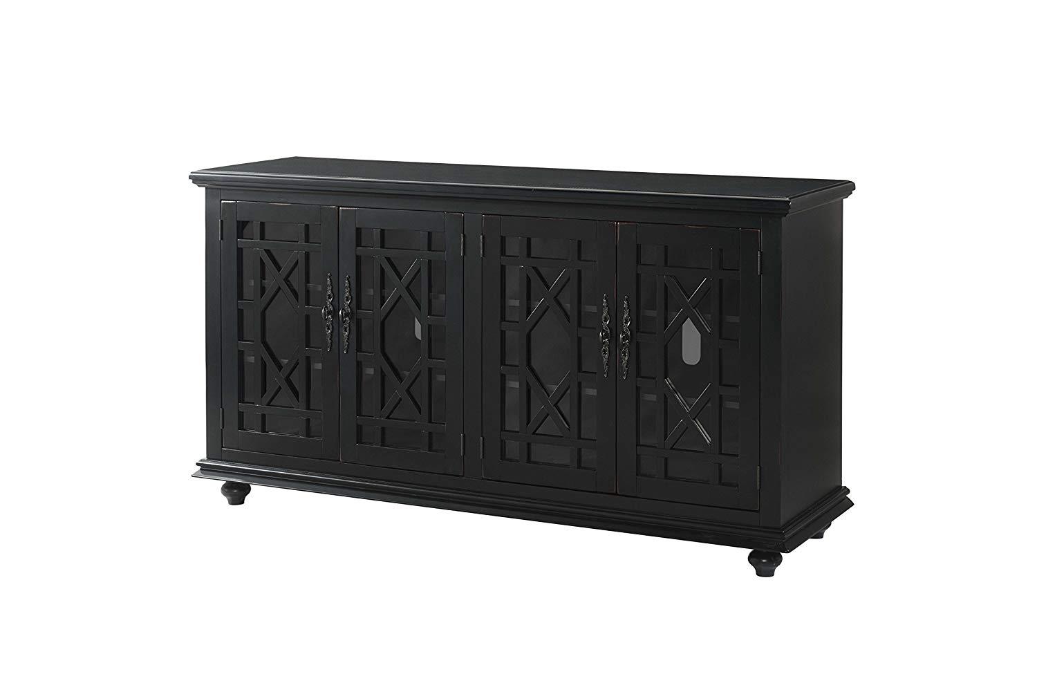 Wooden TV Stand With Trellis Detailed Doors, Antiqued Black