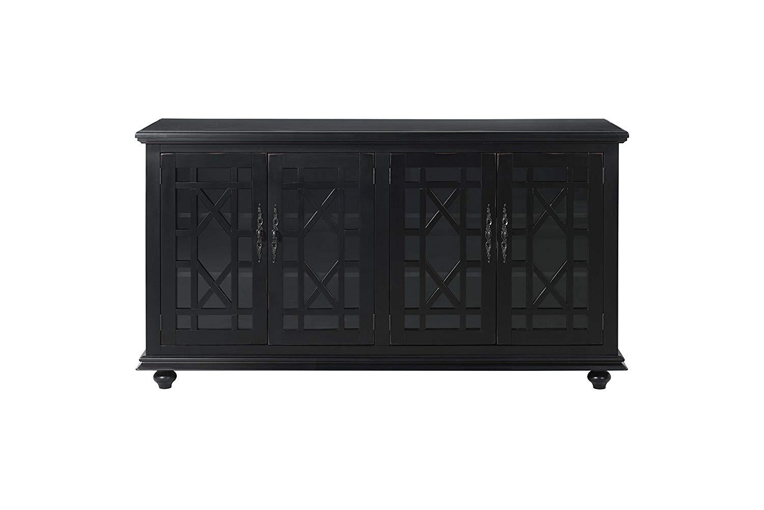 Wooden TV Stand With Trellis Detailed Doors, Antiqued Black