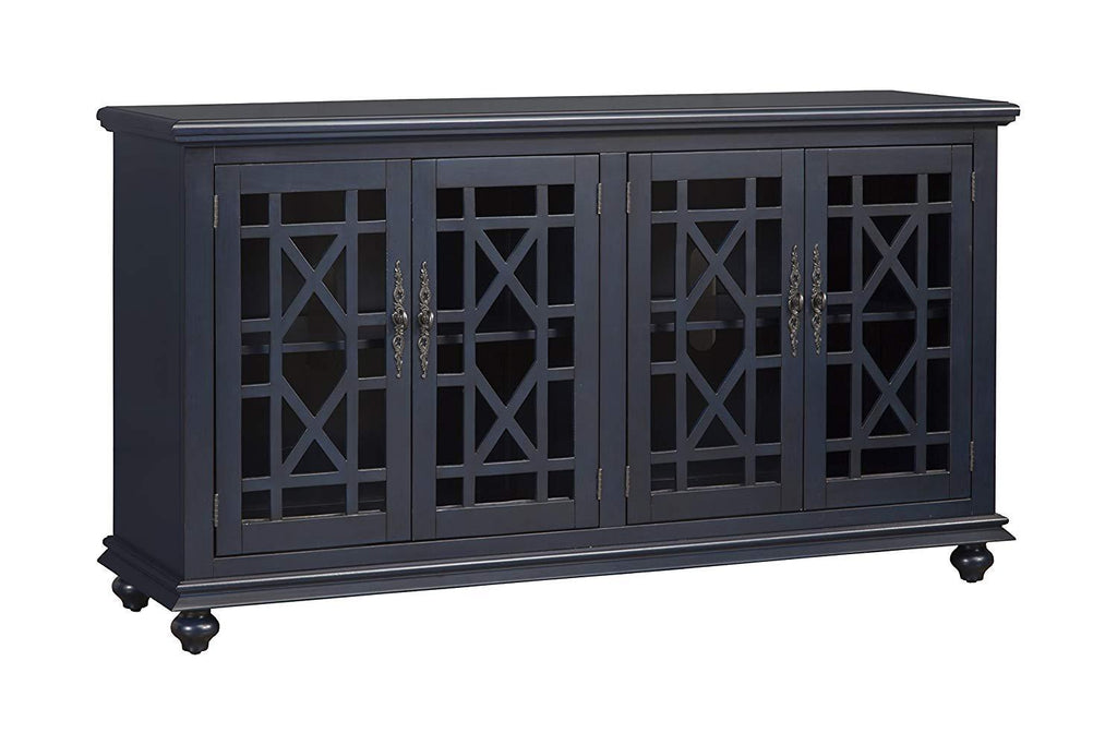 Wooden TV Stand With Trellis Detailed Doors, Blue