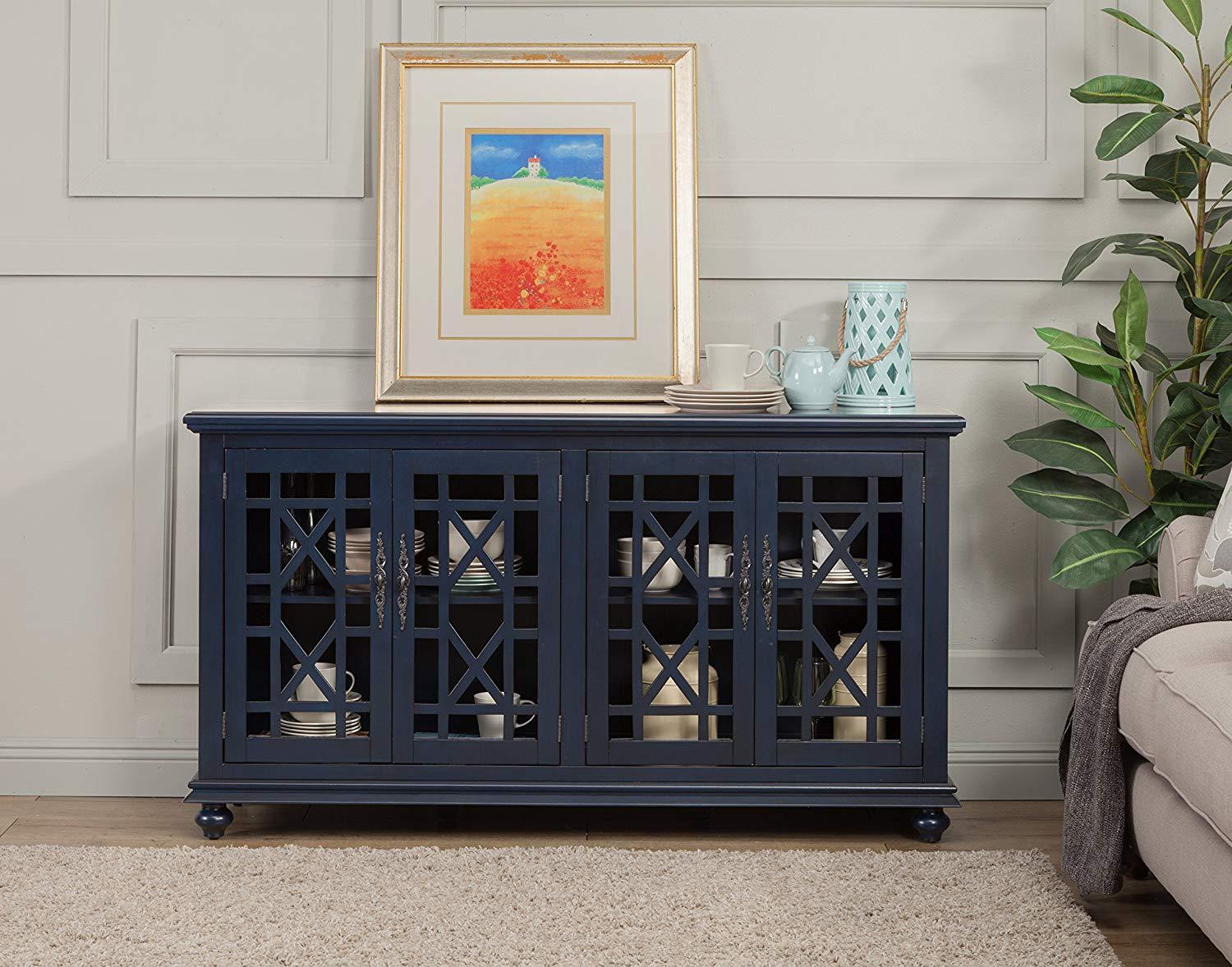 Wooden TV Stand With Trellis Detailed Doors, Blue