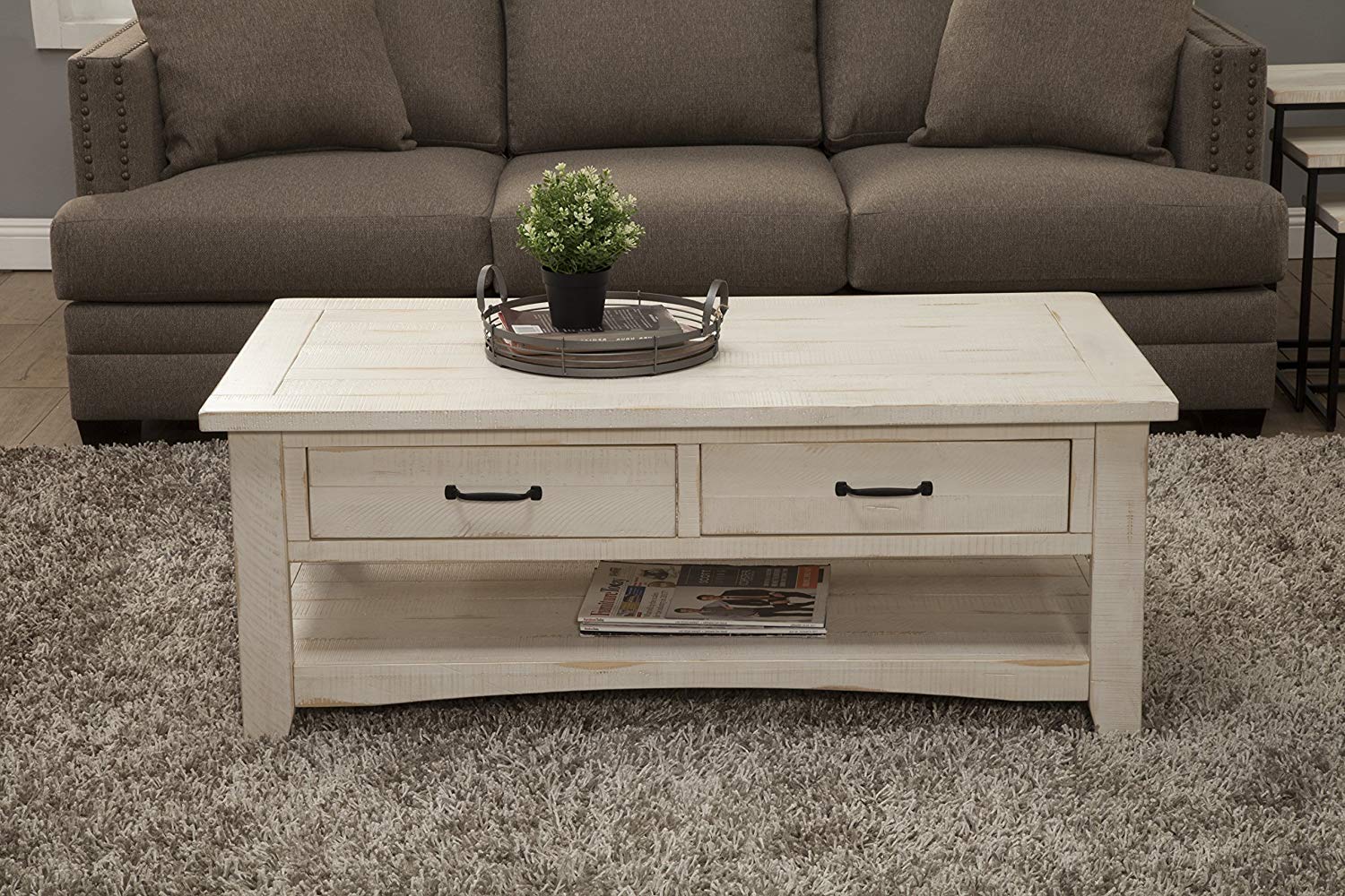 Wooden Coffee Table With Two Drawers, Antique White