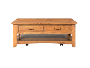 Wooden Coffee Table With Two Drawers, Honey Tobacco Brown