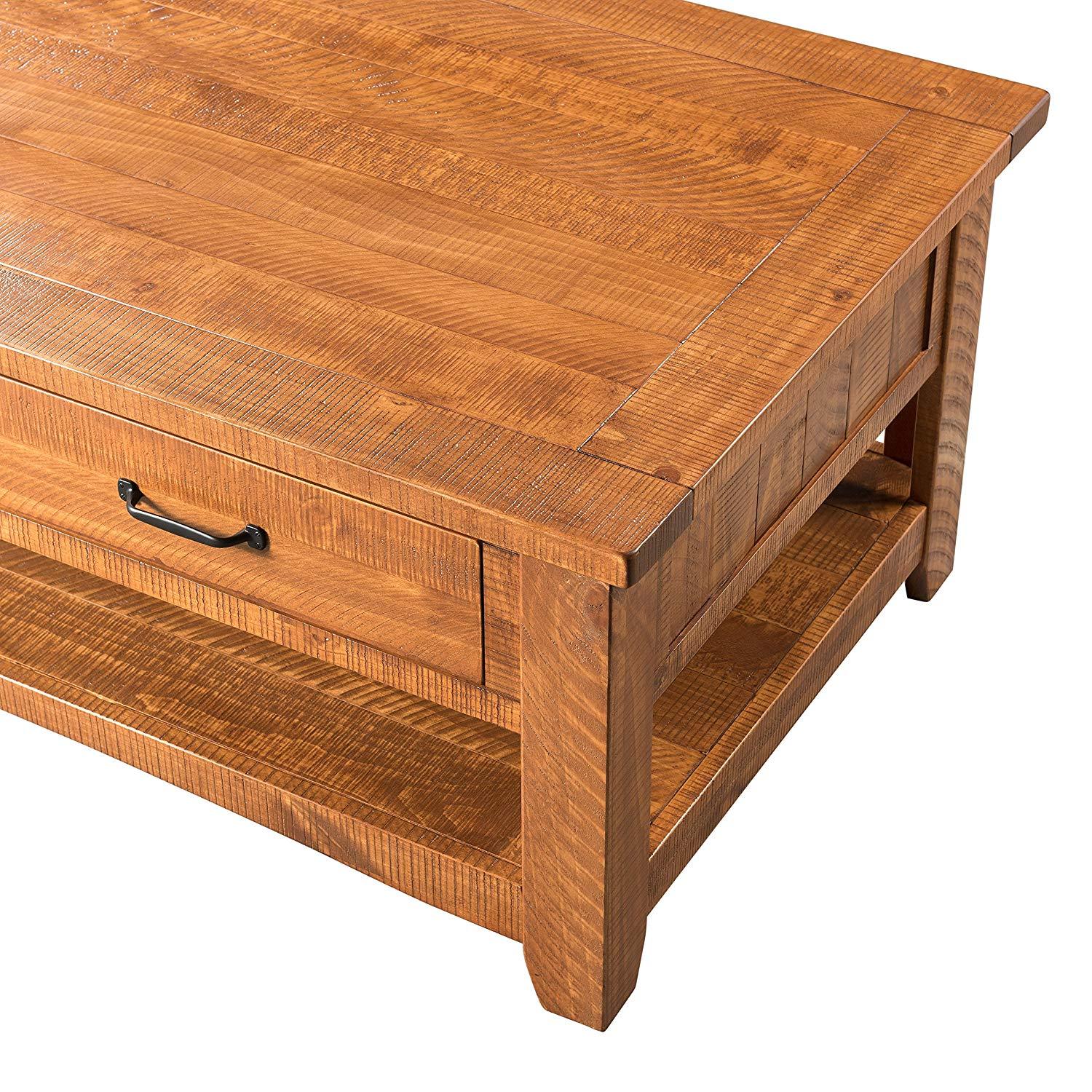 Wooden Coffee Table With Two Drawers, Honey Tobacco Brown