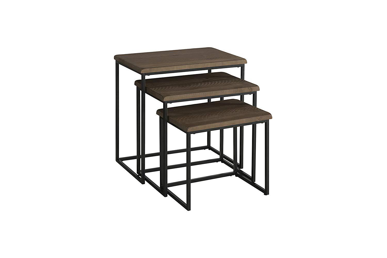 3 Piece Pine wood and Metal Nesting Table, Brown