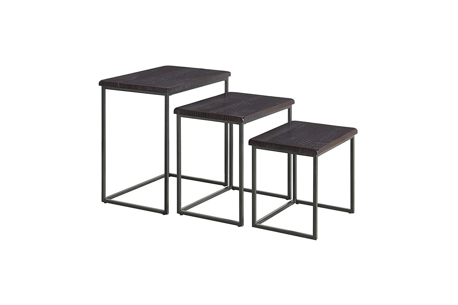 3 Piece Pine wood and Metal Nesting Table, Espresso Brown