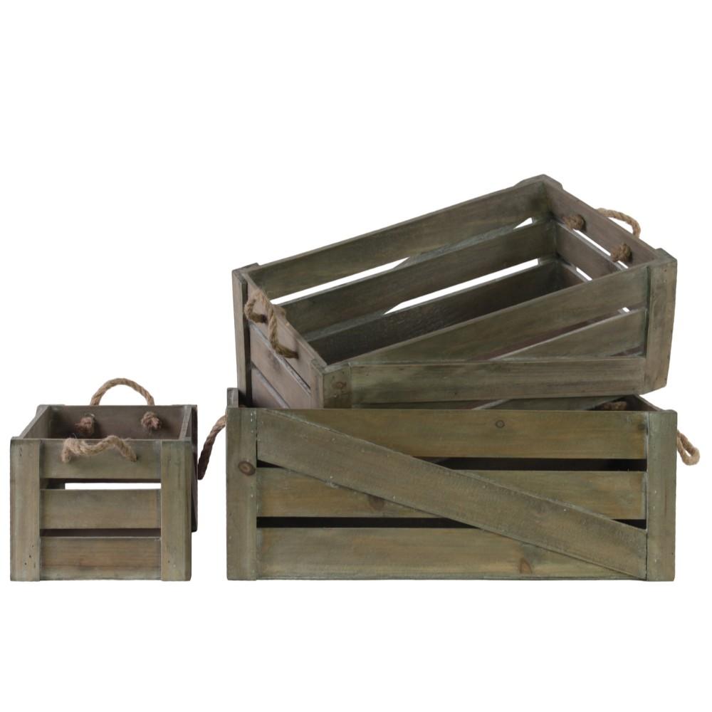 Wood Rectangle Crate with 2 Rope Handles, Set of Three, Brown