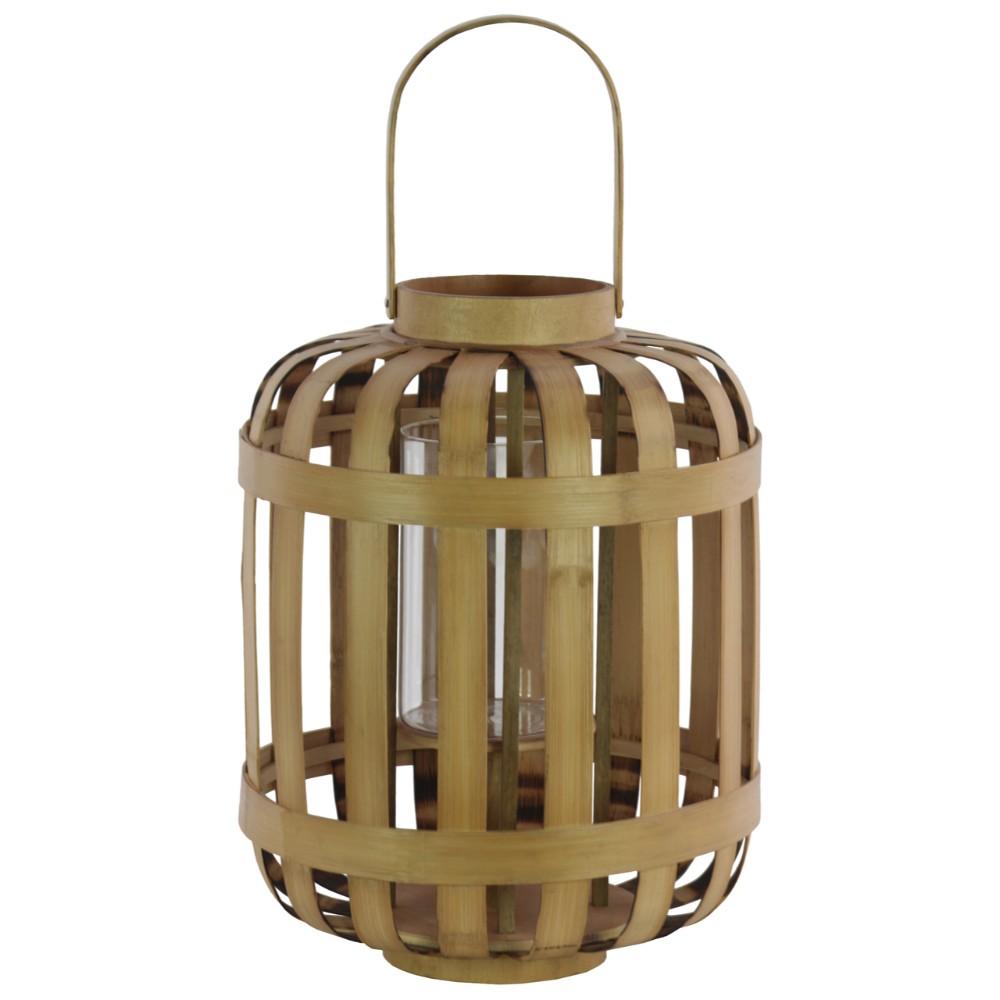 Wood Round Lantern with Lattice Design Body and Handle, Brown