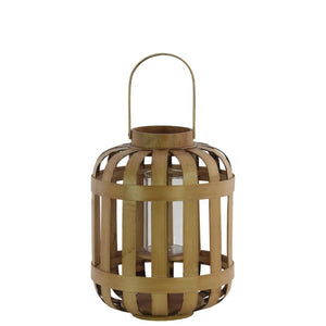 Wood Round Lantern with Lattice Design Body and Handle, Brown