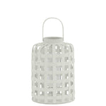 Wood Round Lantern with Lattice Design Body and Handle, White