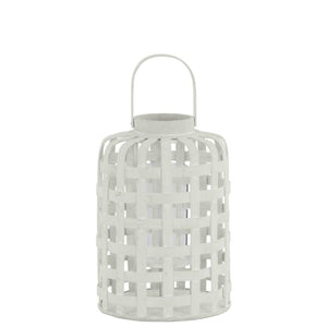 Wood Round Lantern with Lattice Design Body and Handle, White