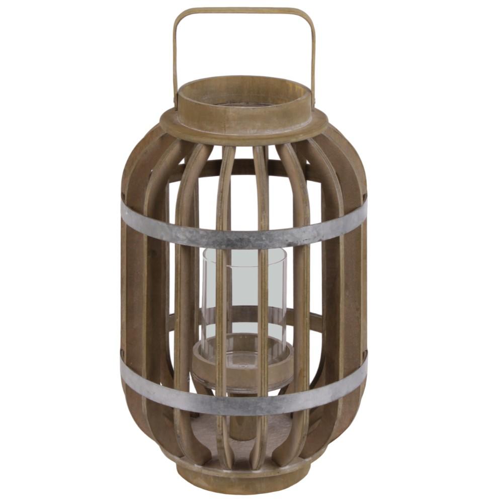 Wood Round Lantern with Lattice Design Body and Handle, Brown