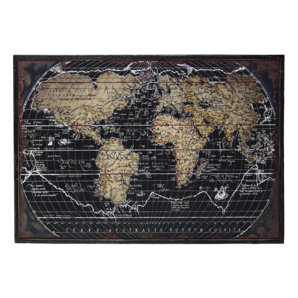 Wooden Rectangular Giclee Print of "World Atlas" Wall Art, Black