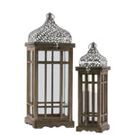 Wood Square Lantern with Pierced Quatrefoil Top & Window Pane Design, Set of 2, Brown