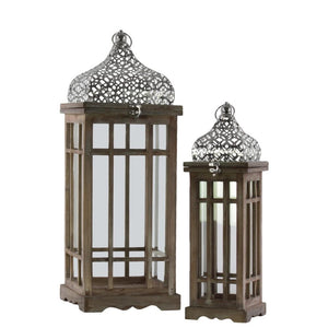 Wood Square Lantern with Pierced Quatrefoil Top & Window Pane Design, Set of 2, Brown