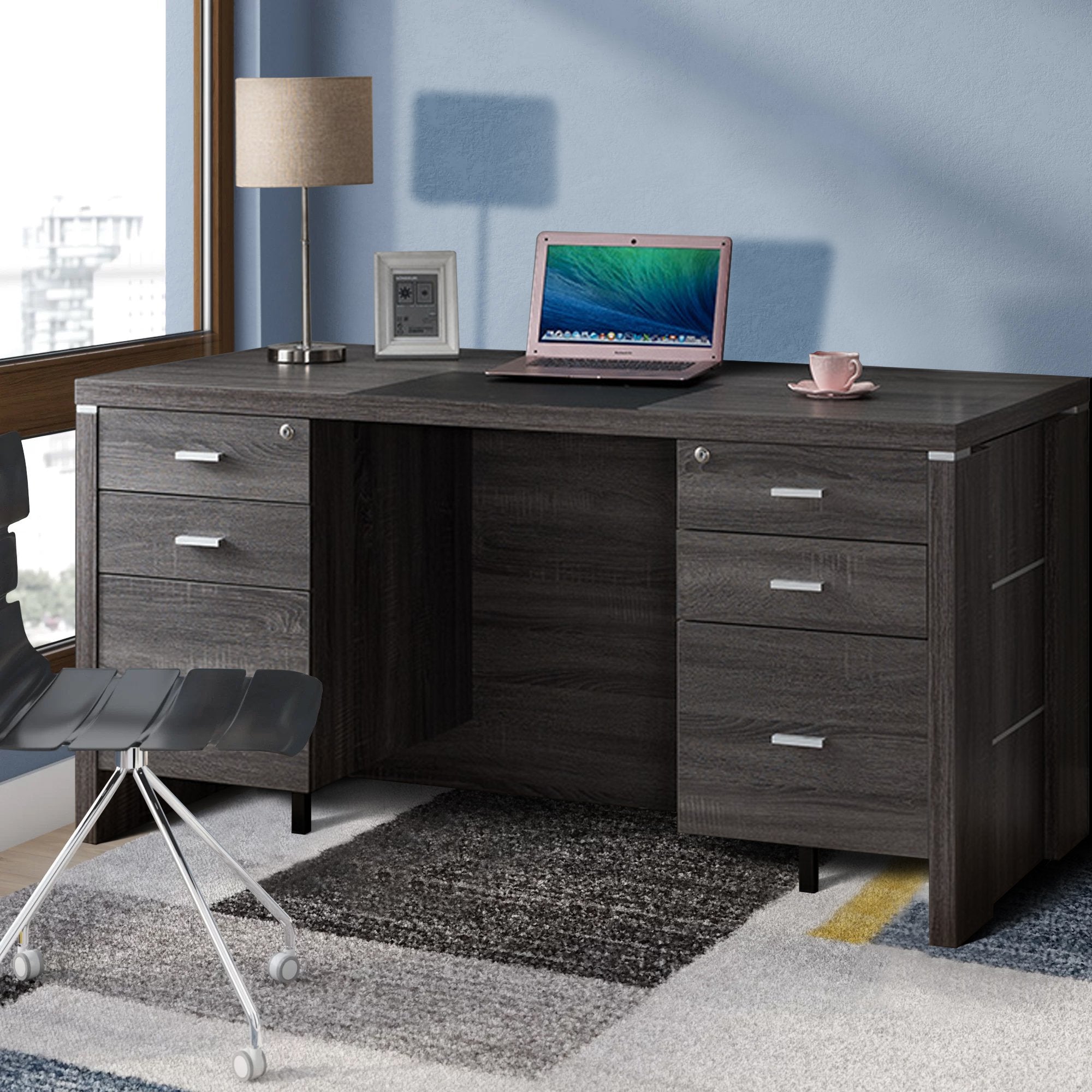 Wooden Desk With Locking Drawers, Dark Taupe Gray