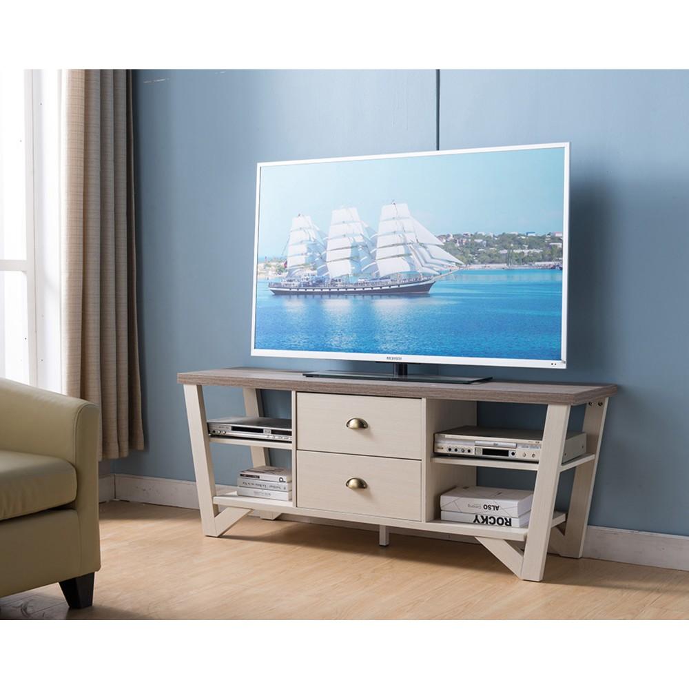 Wooden TV Stand With Two Drawers, Ivory And Dark Taupe Brown