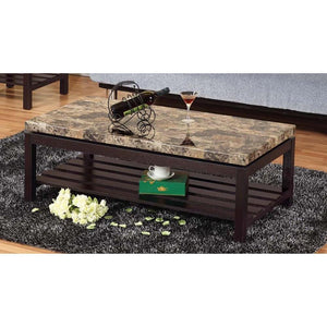 Wooden Coffee Table With Faux Marble Top, Red Cocoa Brown