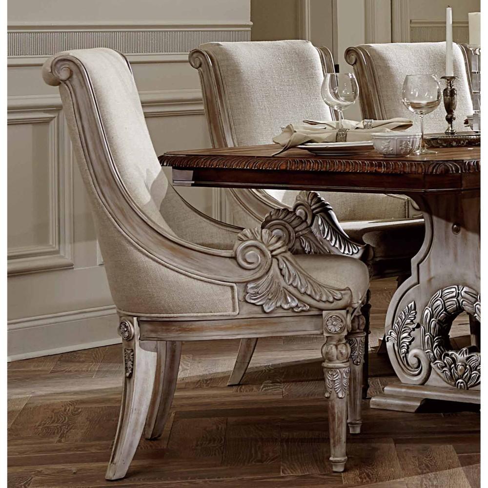 Wood-Fabric Arm Chair With Deep Carved Design On Legs And Edges, Distressed Off White