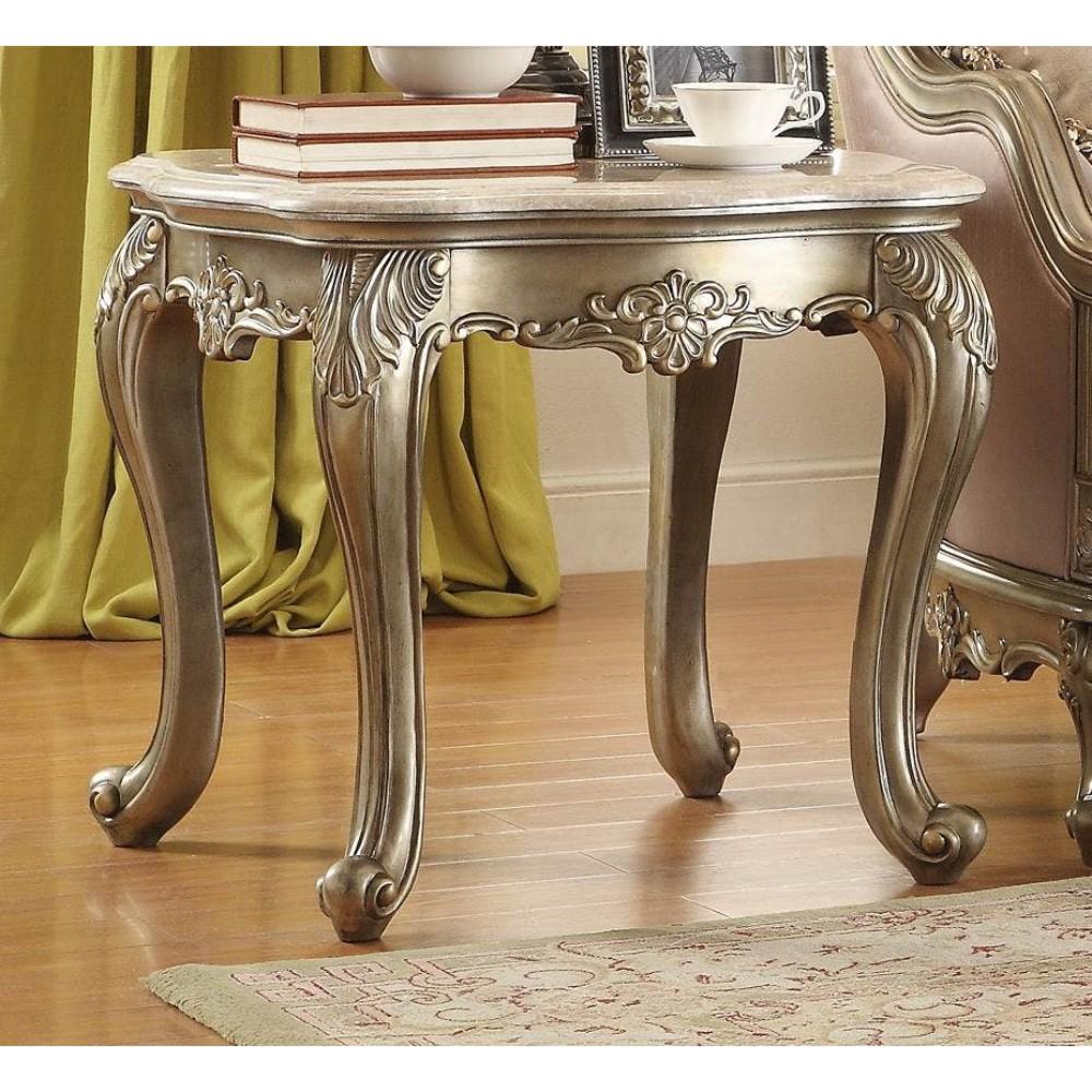 Wooden End Table With Marble Top, Gold