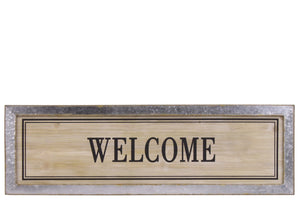 Wood Alphabet Decor "Welcome" On Metal Rust Effect Rectangular Edge, Brown