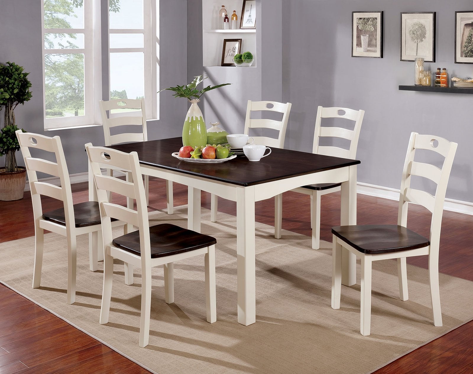 7-Piece Wooden Dining Table Set In White and Walnut Brown