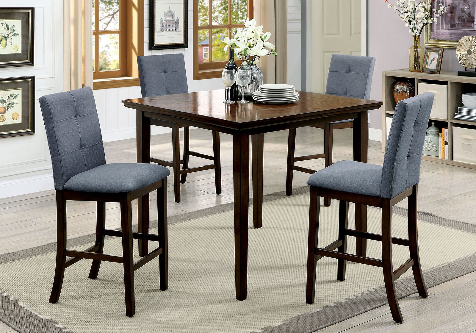 5-Piece Fabric Tufted Wooden Counter Height Table Set In Gray And Walnut Brown