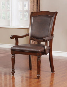 Wooden Arm Chair With Leather Upholstery, Cherry Brown, Set Of 2