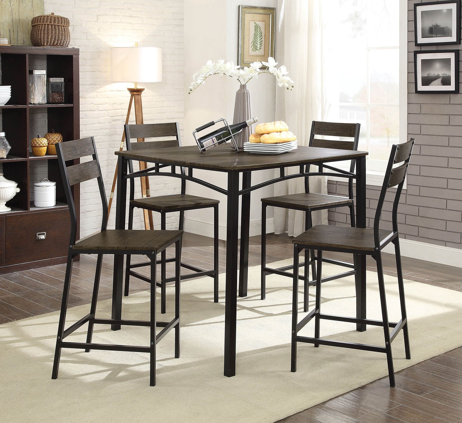 5-Piece Metal And Wood Counter Height Table Set In Antique Brown