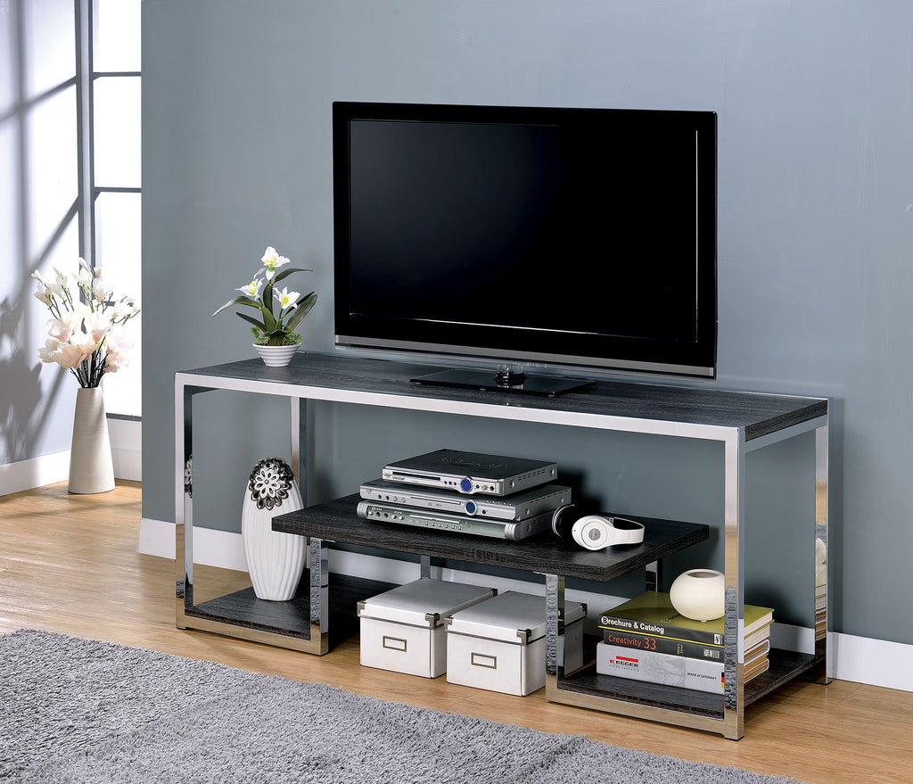 72" Metal Frame  TV Stand With 3 Open Shelves In Gray And Chrome Silver