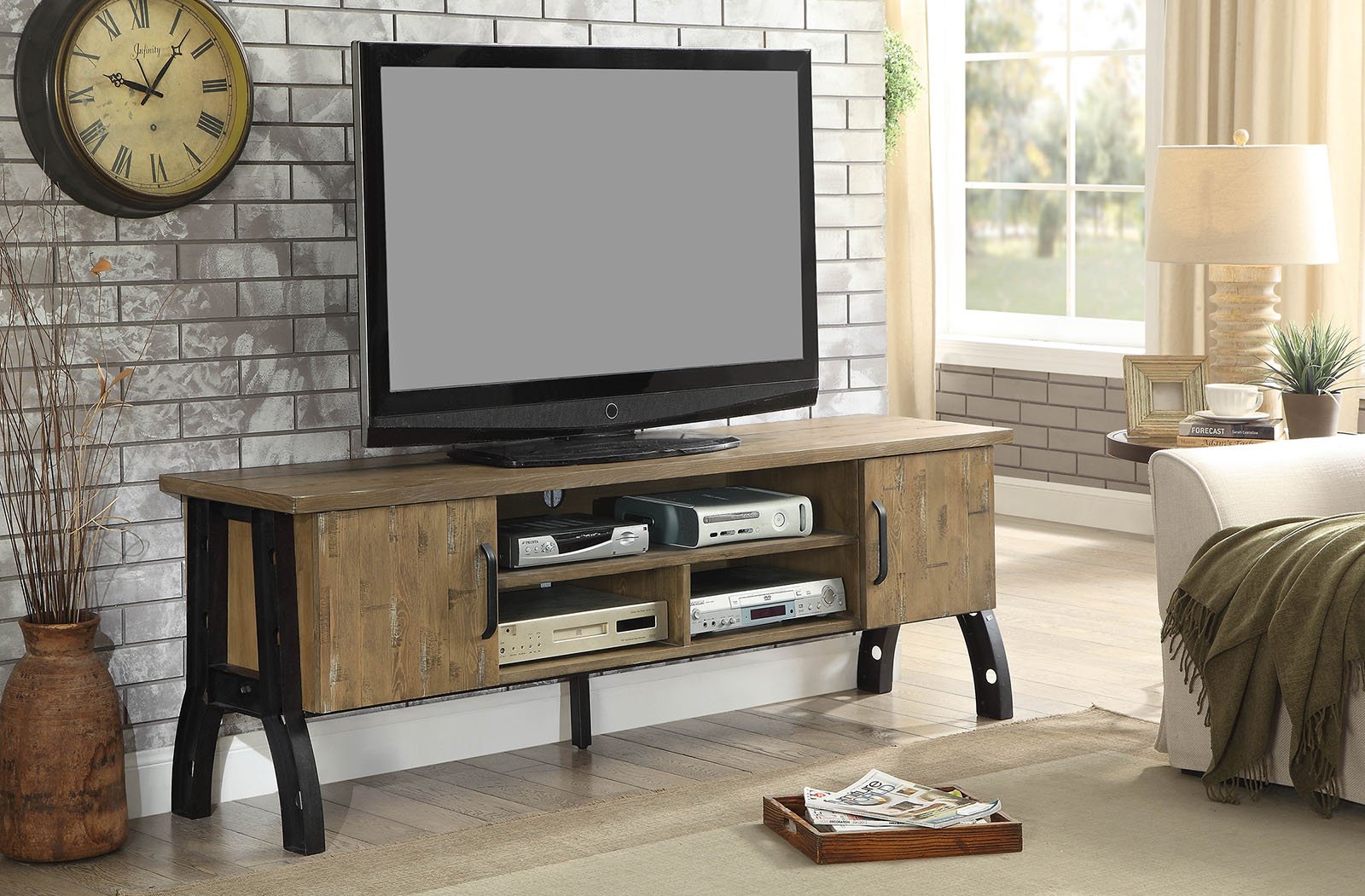 72" Wooden And Metal Frame TV Stand With 3 Open Shelves, Brown