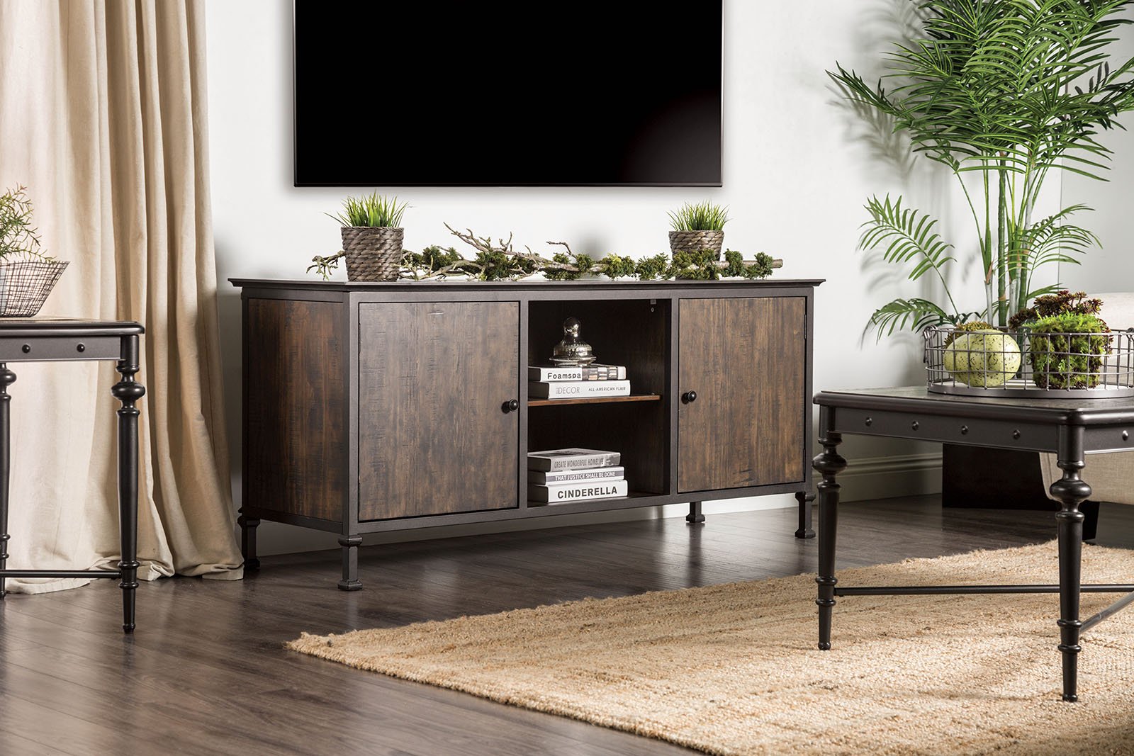 60" Wooden And Metal Frame TV Stand With 2 Open Shelves, Brown