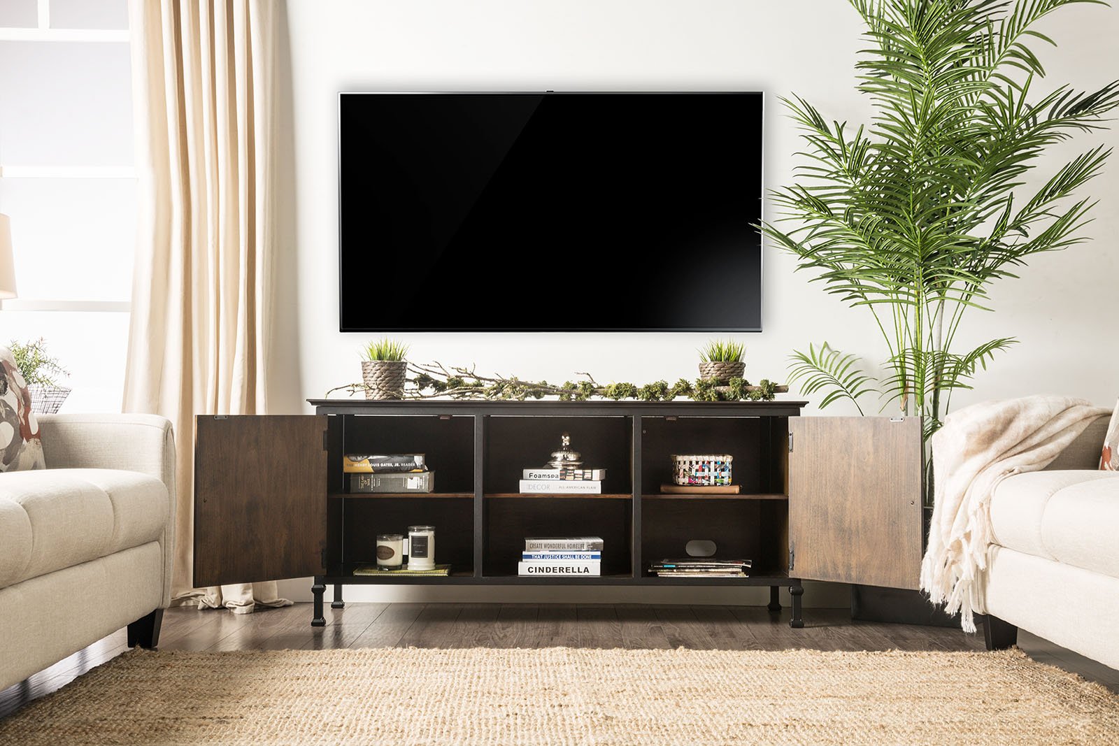 60" Wooden And Metal Frame TV Stand With 2 Open Shelves, Brown