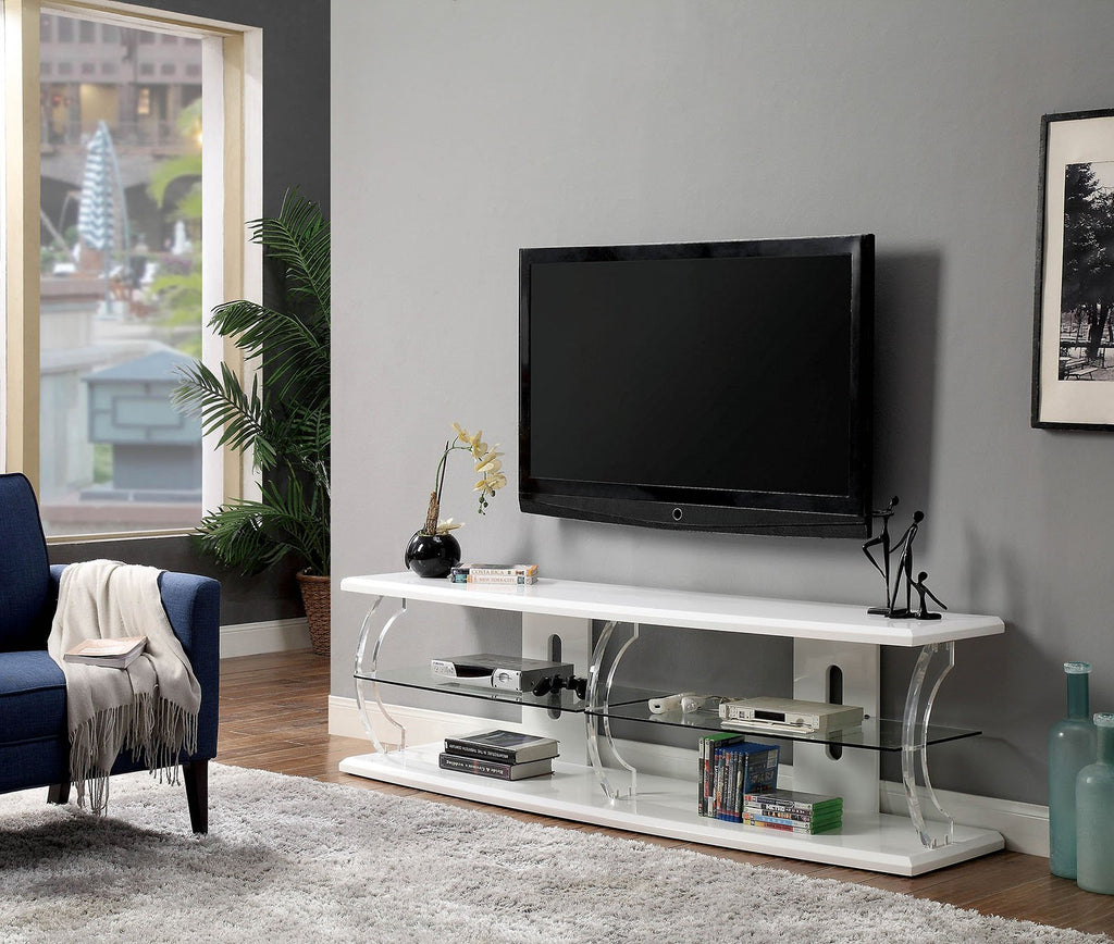 60" Wooden TV Stand With Spacious Glass Shelf, White And Clear