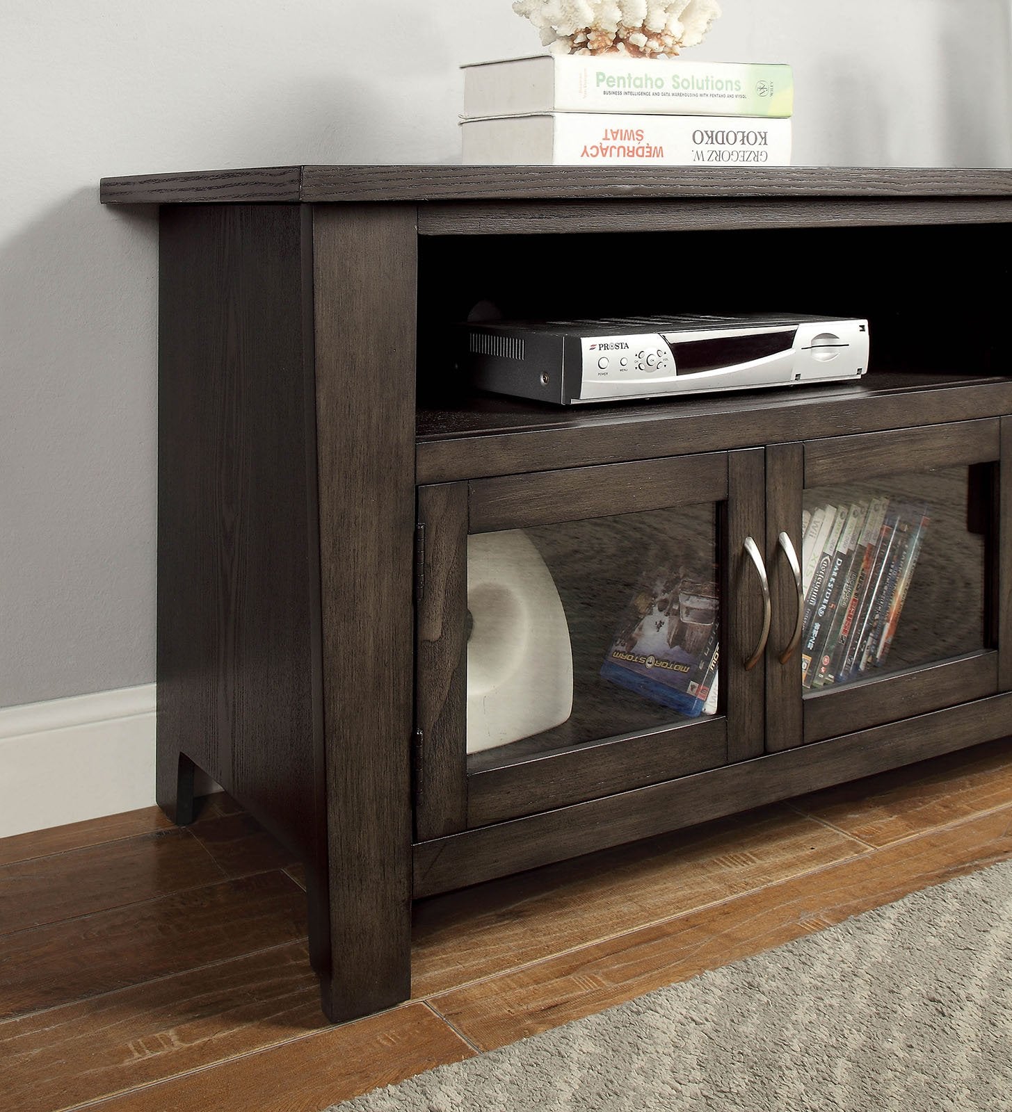 60" Wooden TV Stand With 2 Cabinets and 2 Open Shelves In Brown