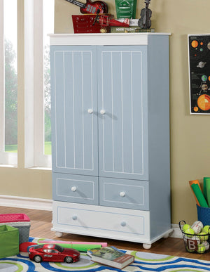 Wooden Armoire With Three Bottom Drawers In Blue And White