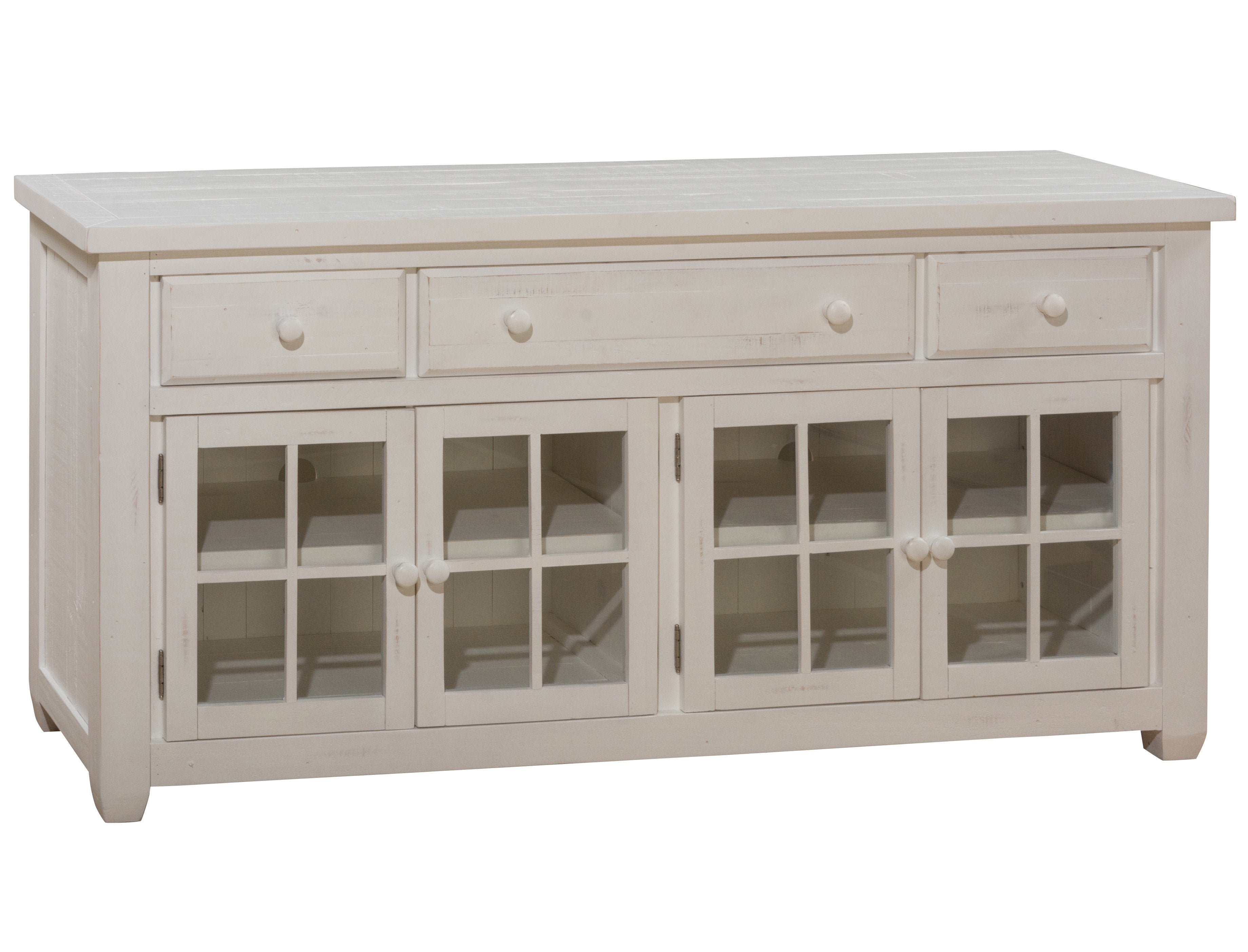 Wooden Media Console with Window Pane Glass Doors, White