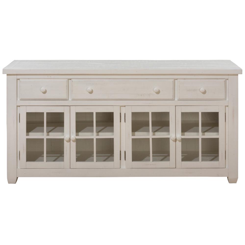 Wooden Media Console with Window Pane Glass Doors, White