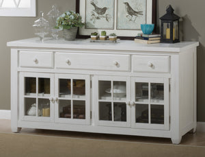 Wooden Media Console with Window Pane Glass Doors, White