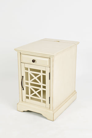 Wooden Chairside Table with Power Outlets, Antique Cream