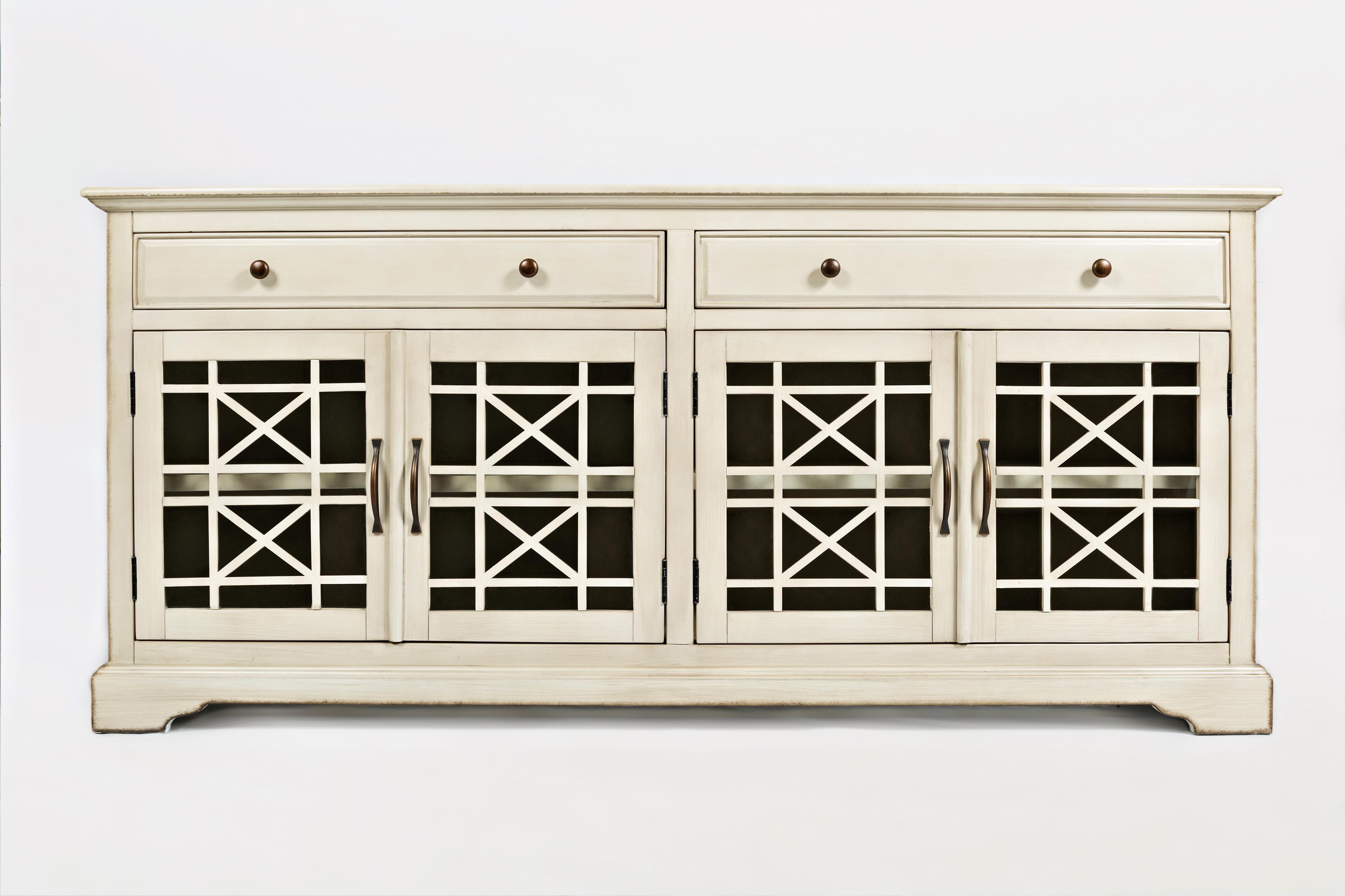 Wooden Media Unit with Fretwork Designed Doors, Antique Cream