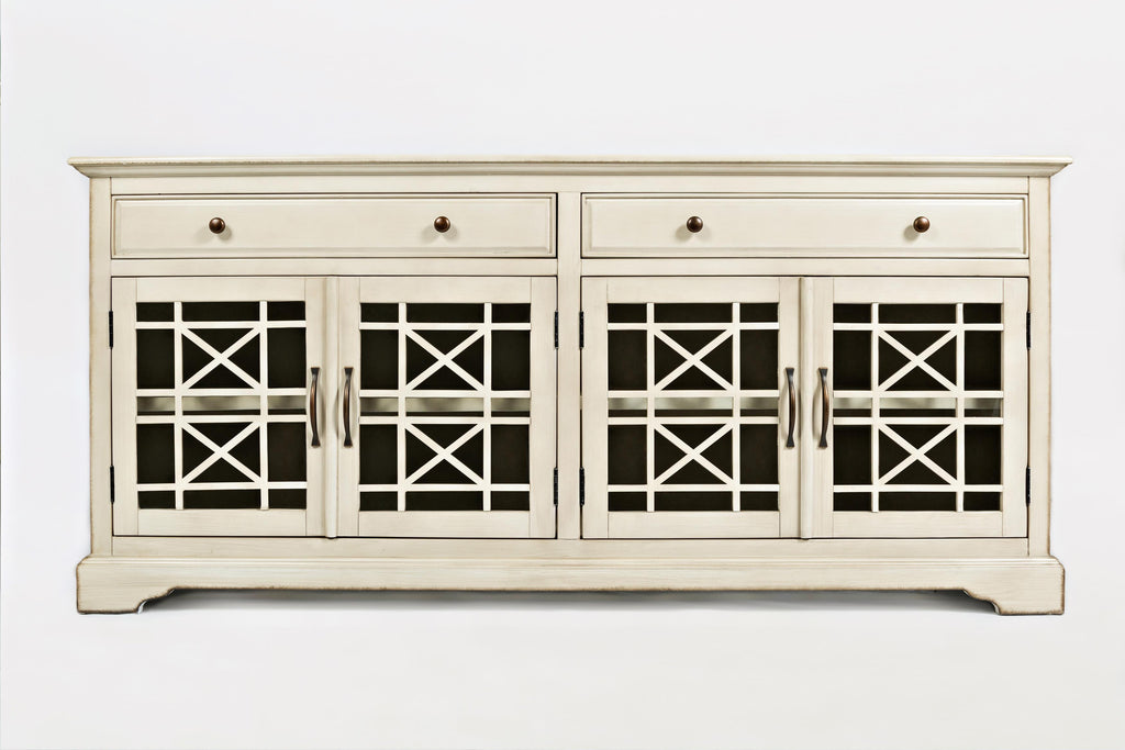 Wooden Media Unit with Fretwork Designed Doors, Antique Cream