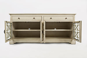 Wooden Media Unit with Fretwork Designed Doors, Antique Cream