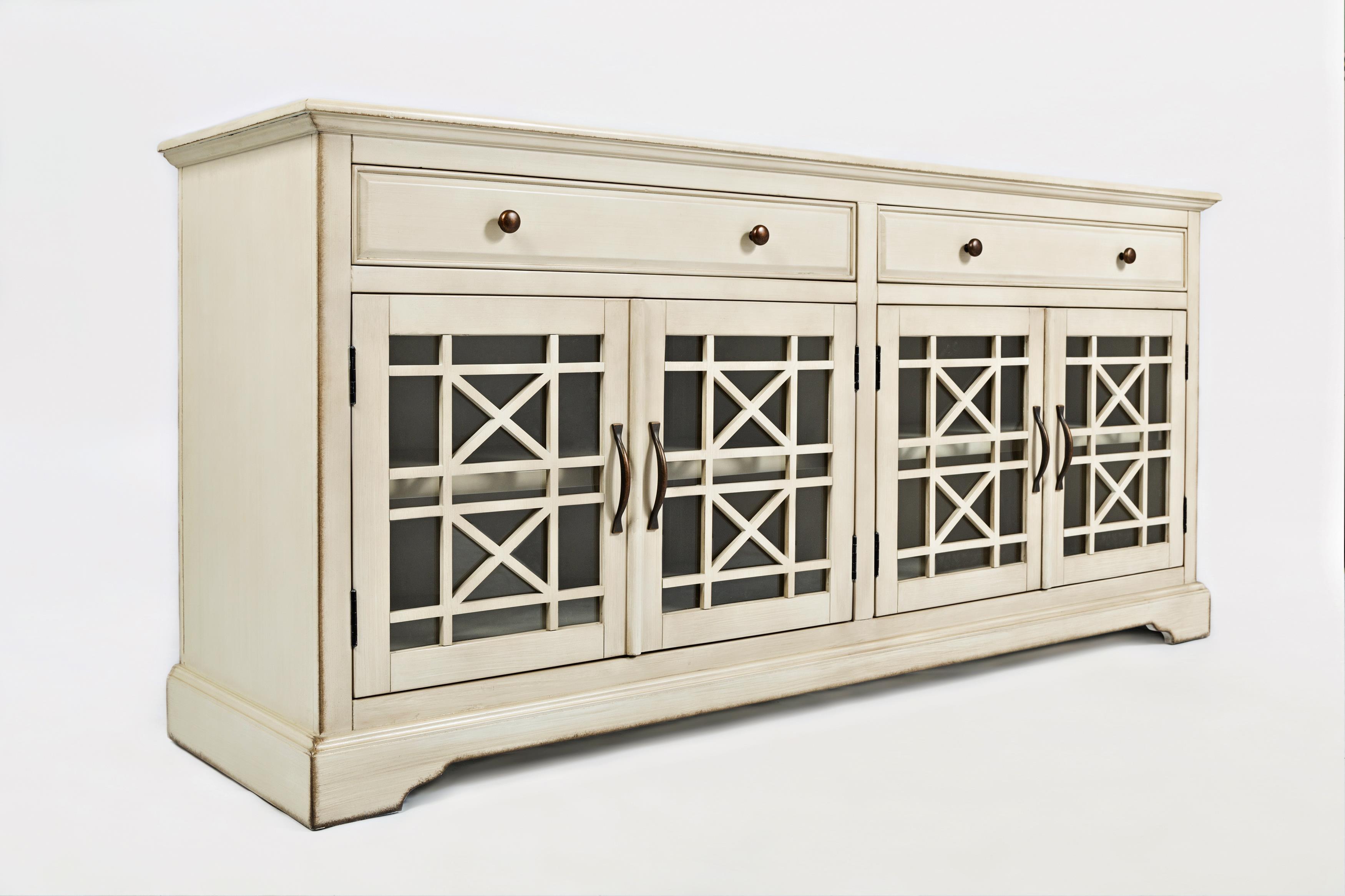 Wooden Media Unit with Fretwork Designed Doors, Antique Cream