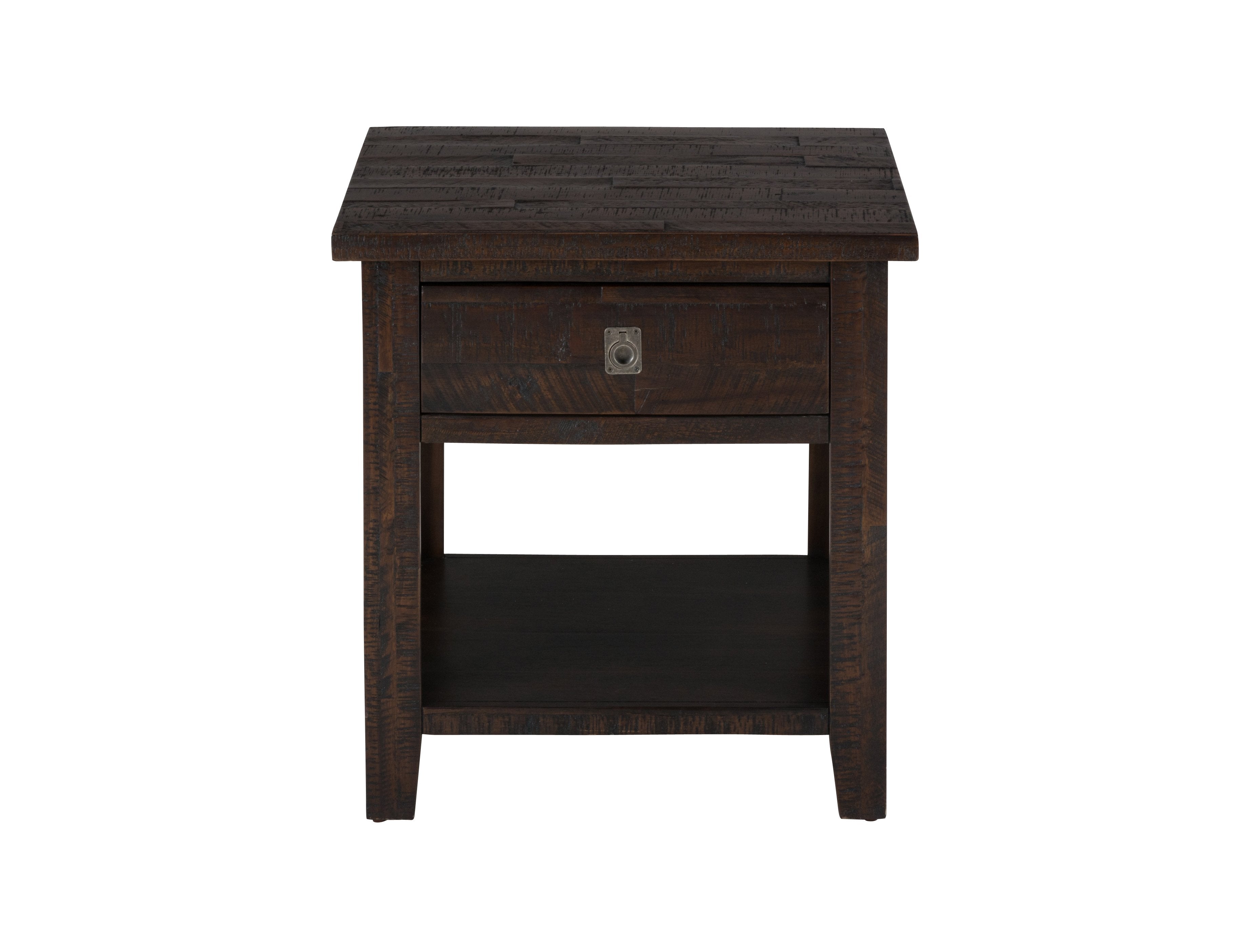 Wooden End Table with Rough-Hewn Saw Marks, Chocolate Brown