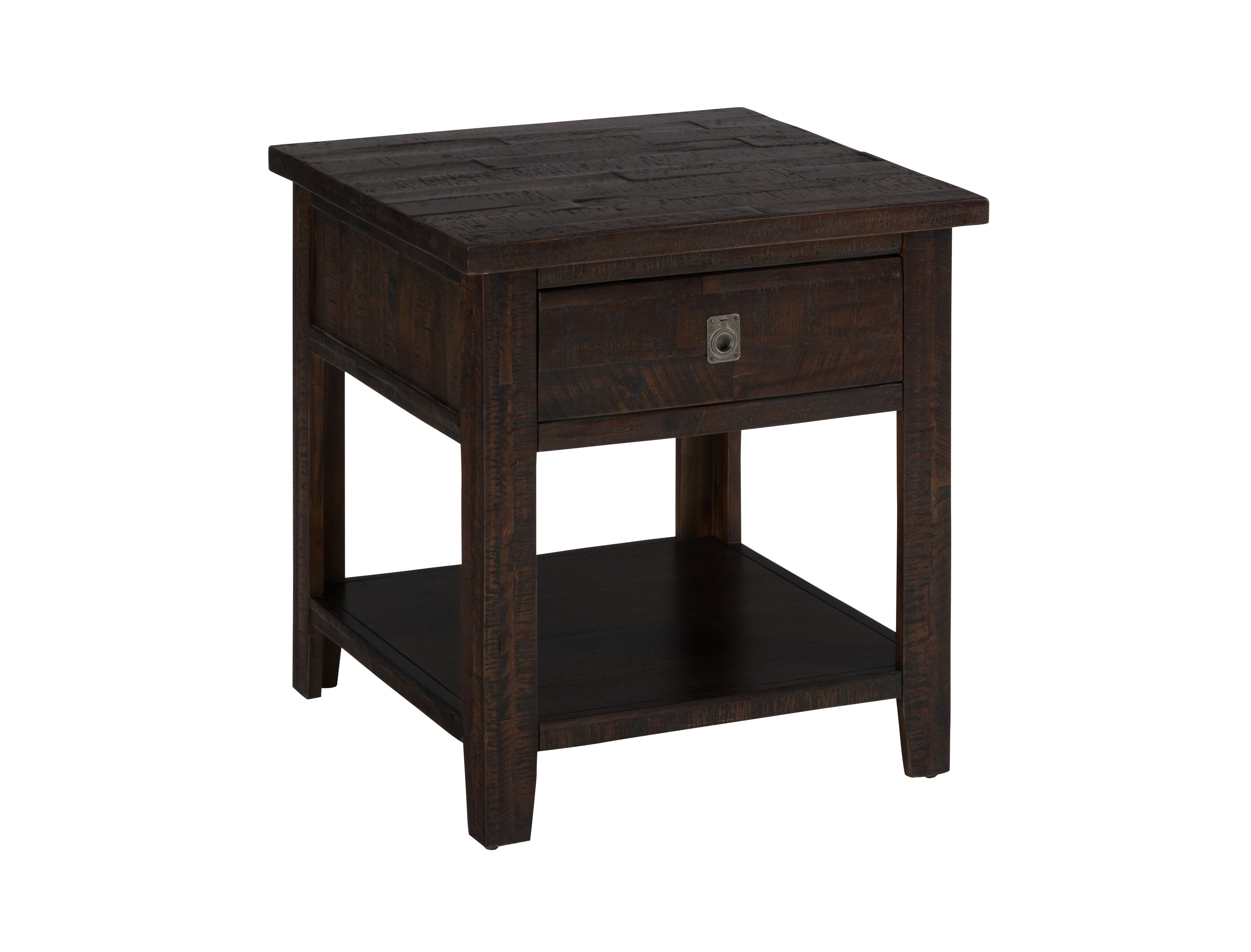 Wooden End Table with Rough-Hewn Saw Marks, Chocolate Brown