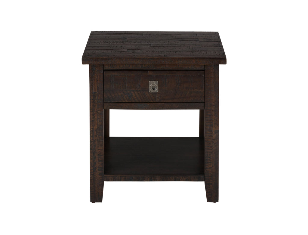 Wooden End Table with Rough-Hewn Saw Marks, Chocolate Brown