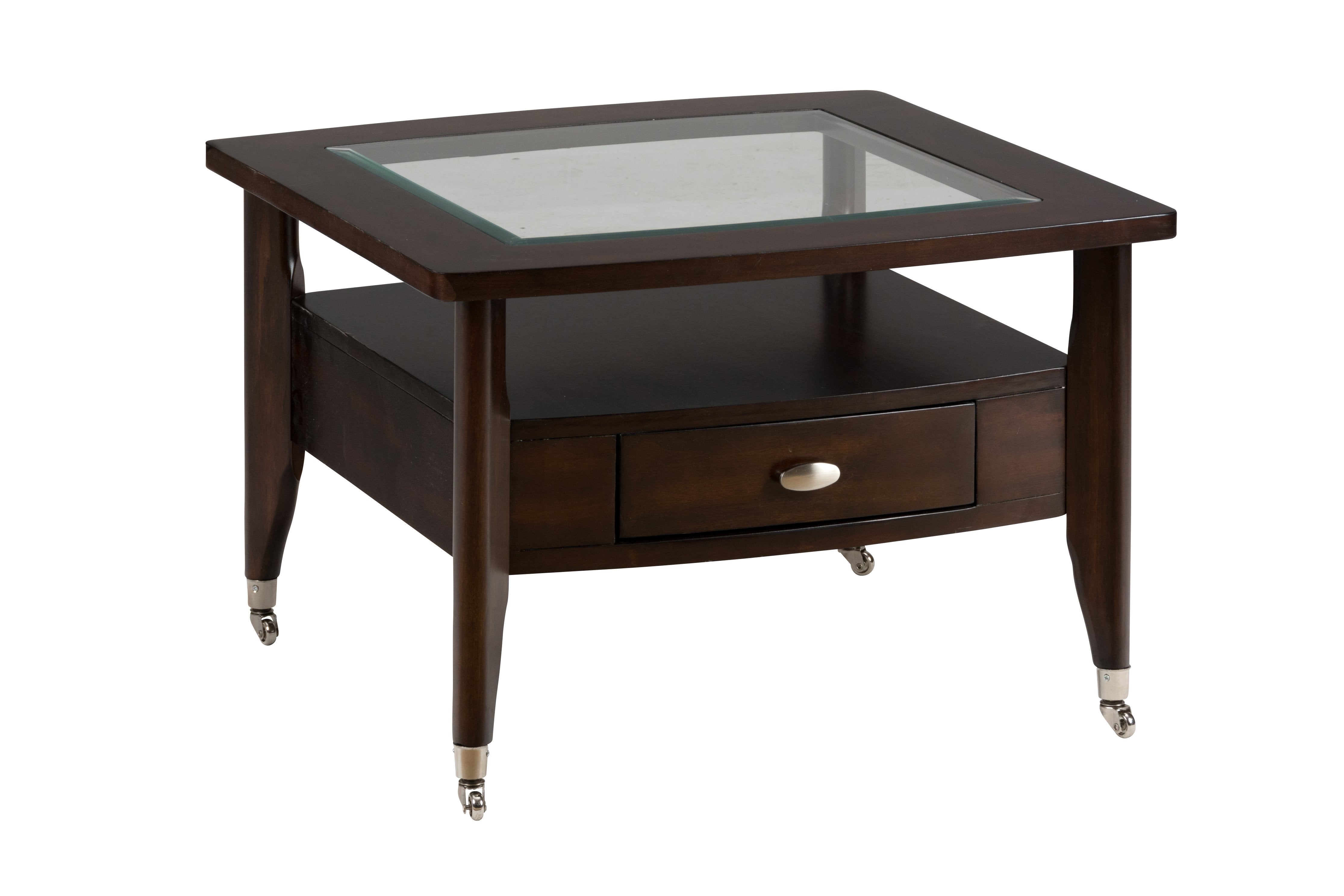 Wooden Cocktail Table with Glass Inserted Top, Merlot Brown